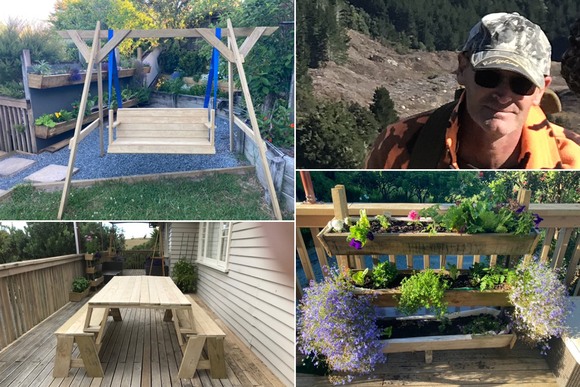 New England Forestry DIYer Sam Middlemass with some of his projects, including a swing, a table and a planter box tower.