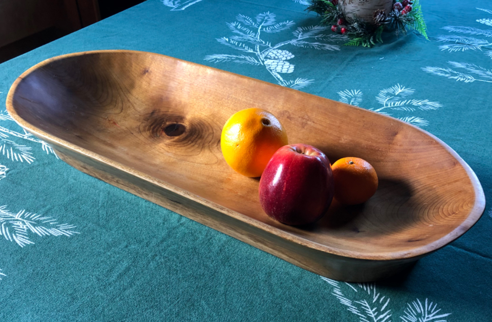 Neris hand-shaped this Bread Kneading Trough from a Myrtle log he salvaged from a logging slash pile in Oregon.