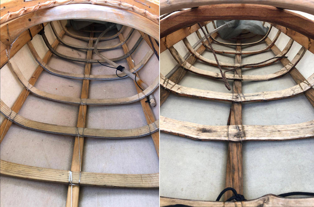 A peek inside the DIY kayaks shows the craftmanship involved in shaping the wooden supports.