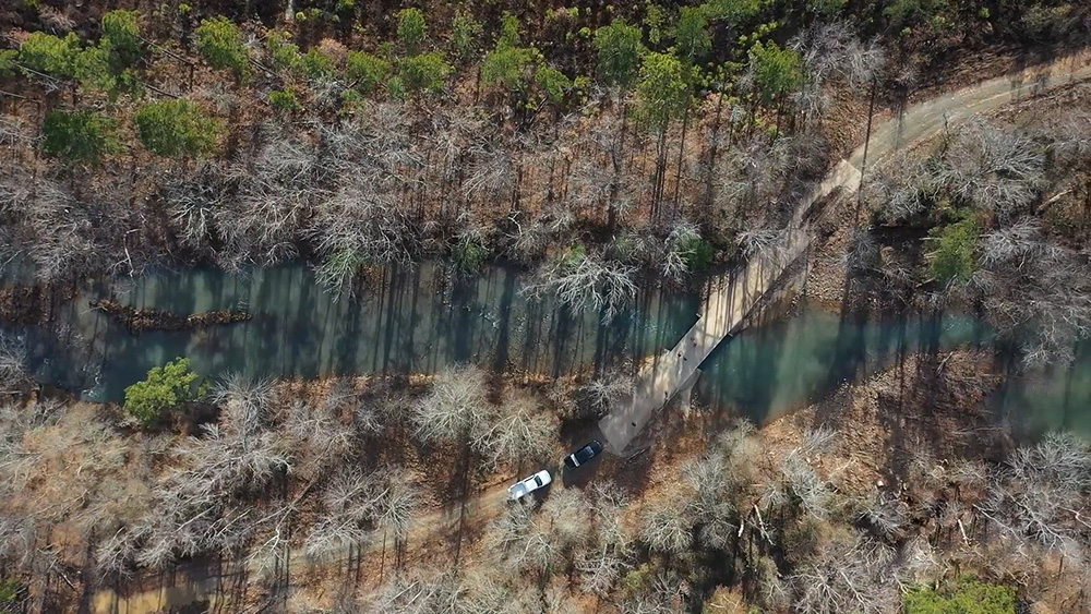 Aerial of a stream crossing in a New England Forestry forest