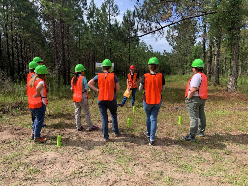 Eight people wearing high-visibility jackets and hard hats stand in a forest.