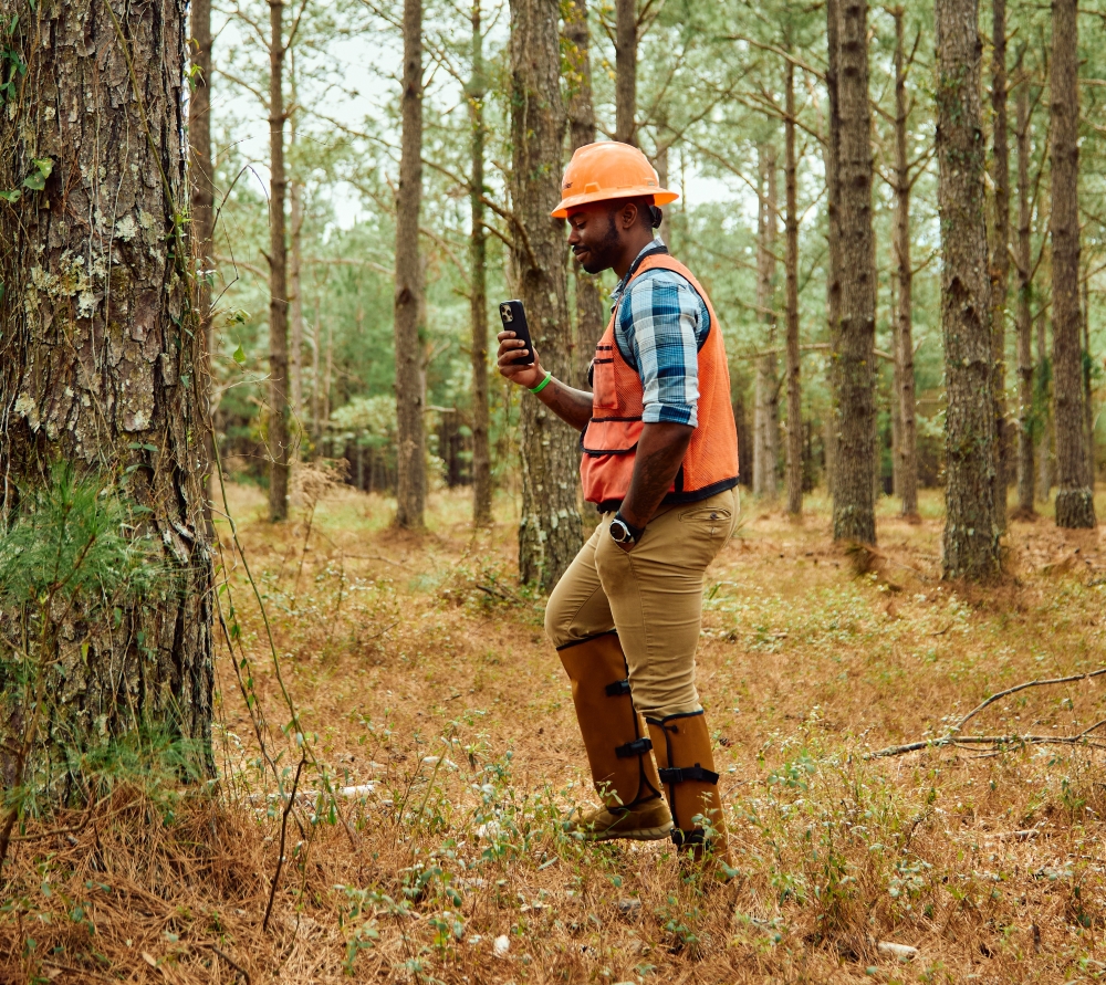 Aaron walks through a forest holding a phone, which is being used as a LiDAR sensor.