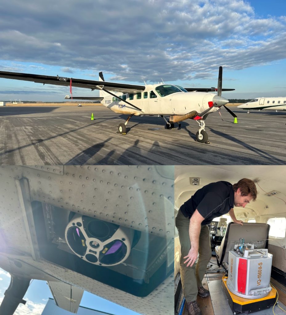 Collage of three shots: a small plane on an airport tarmac, the underside of the plane with visible LiDAR scanner, and employee Trevor looking at the LiDAR equipment.