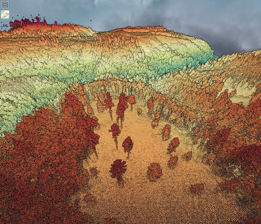 A LiDAR scan with red, orange, yellow, and green gradient overlaying a forest.